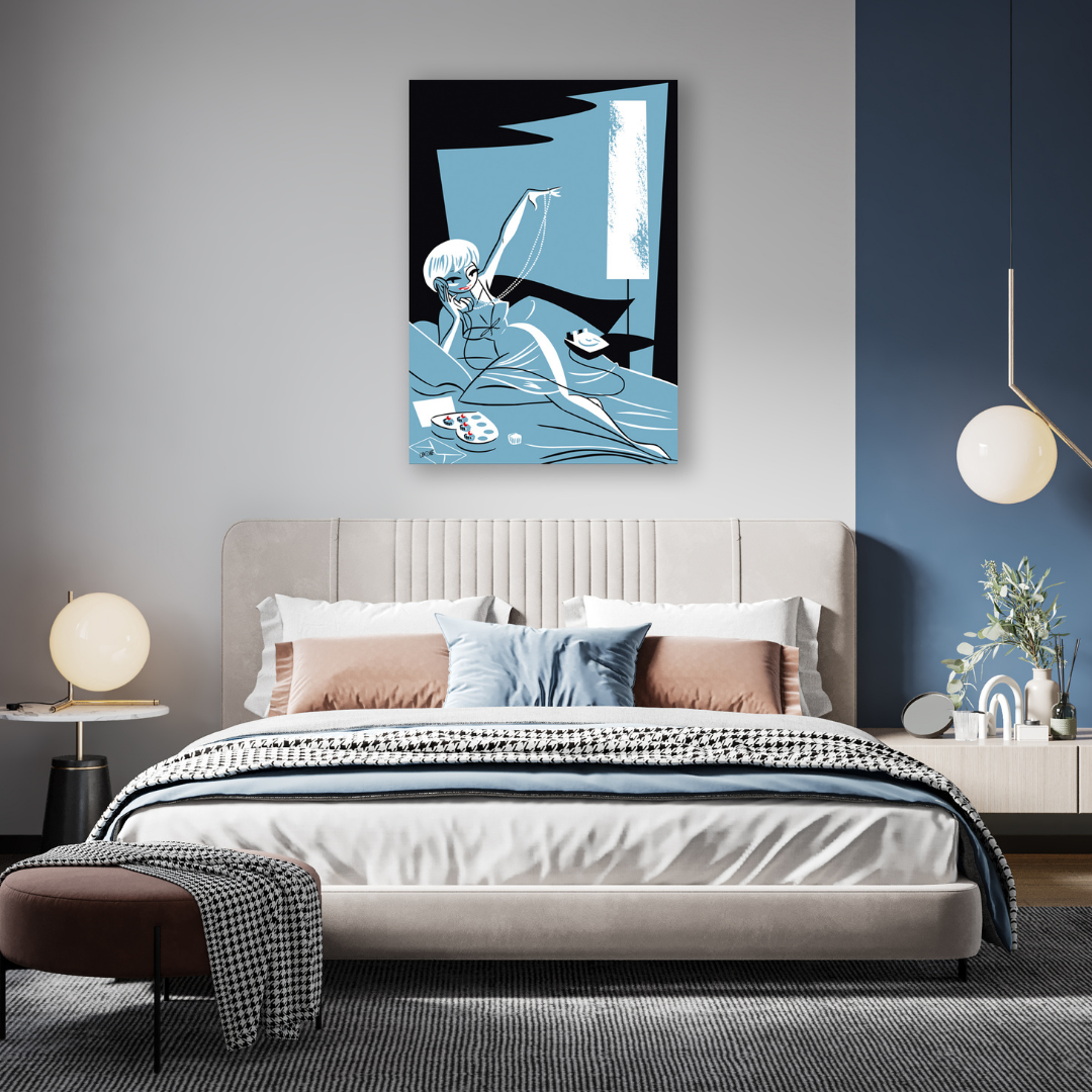 Ambientazione quadro Serigrafia 'Dolce Risveglio' di Antonio Lapone - eleganza e tranquillità in blu sereno e argento.