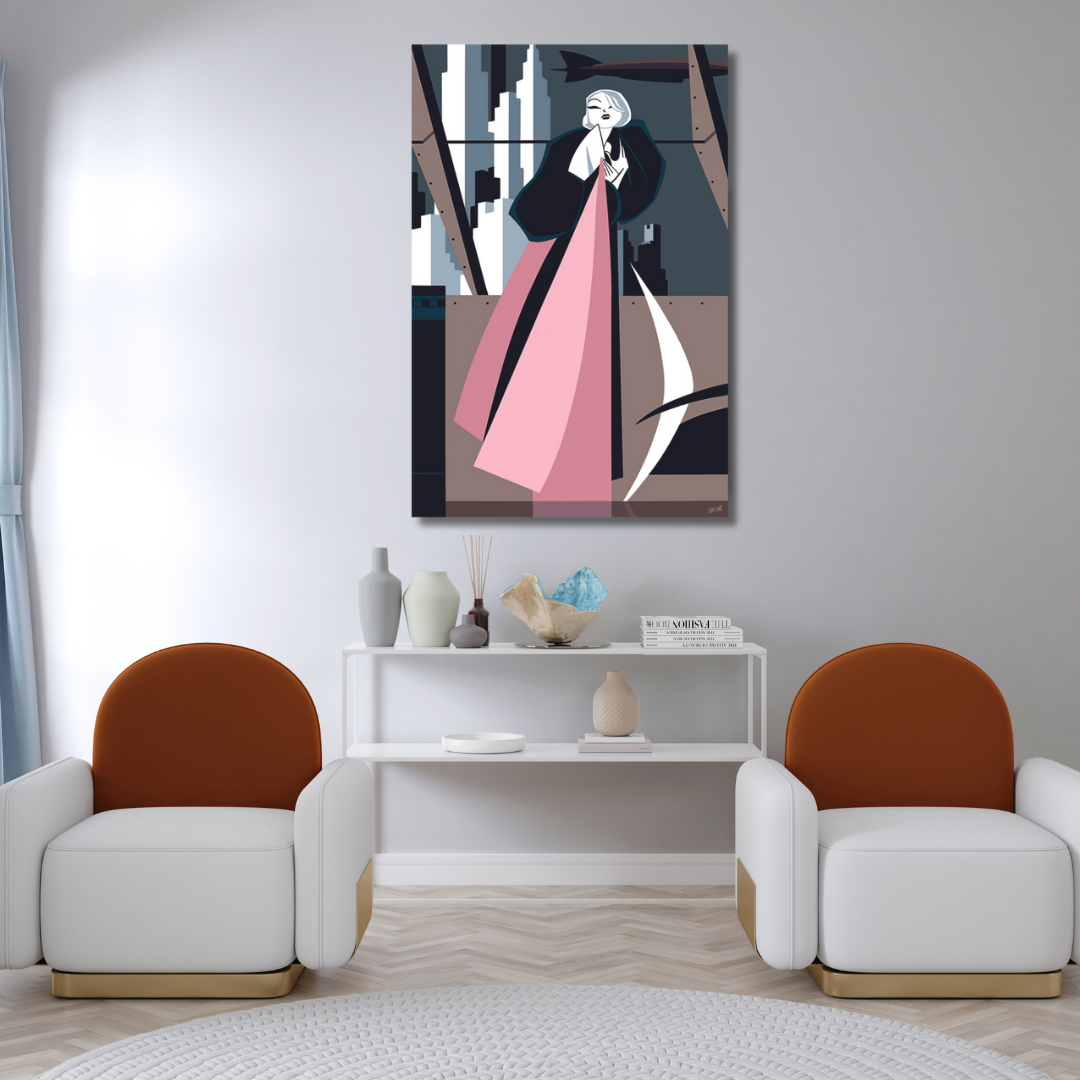 Ambientazione quadro Serigrafia 'Eleganza in Rosa' di Antonio Lapone, arte che unisce modernità e tradizione jazzistica, disponibile su Mycrom.art.