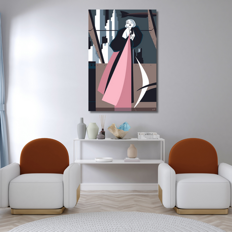 Ambientazione quadro Serigrafia 'Eleganza in Rosa' di Antonio Lapone, arte che unisce modernità e tradizione jazzistica, disponibile su Mycrom.art.