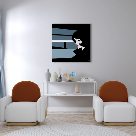 Ambientazione quadro di Una figura femminile stilizzata in profilo, immersa in un paesaggio notturno, rappresentando "Pensiero Notturno" di Antonio Lapone.