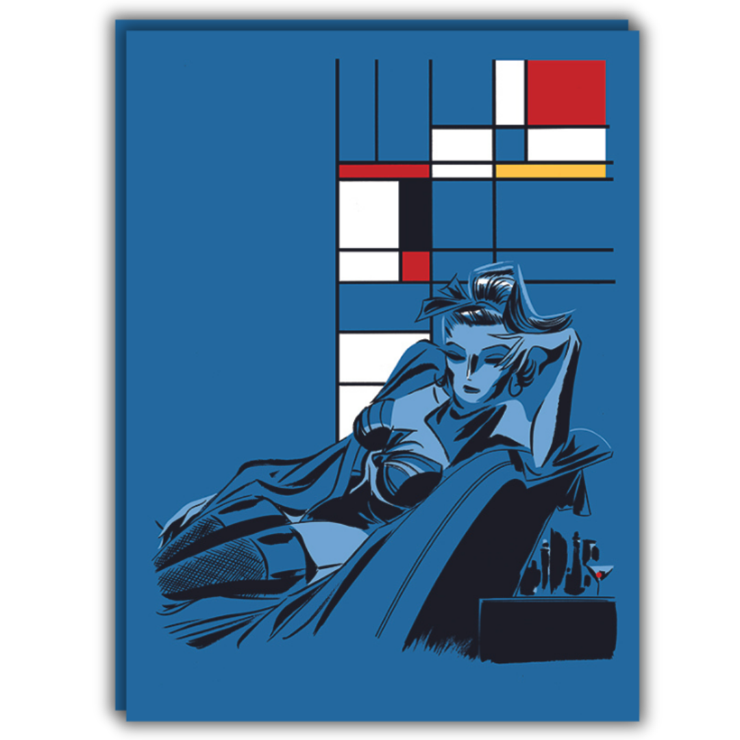 Quadro Serigrafia 'Thinking of You' di Antonio Lapone, con figura in blu che riflette tra note di jazz e design moderno.