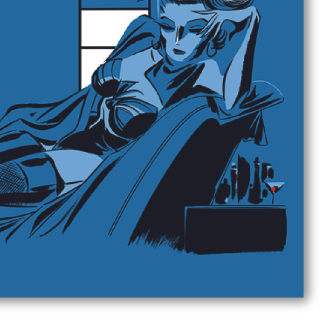 Dettaglio quadro Serigrafia 'Thinking of You' di Antonio Lapone, con figura in blu che riflette tra note di jazz e design moderno.
