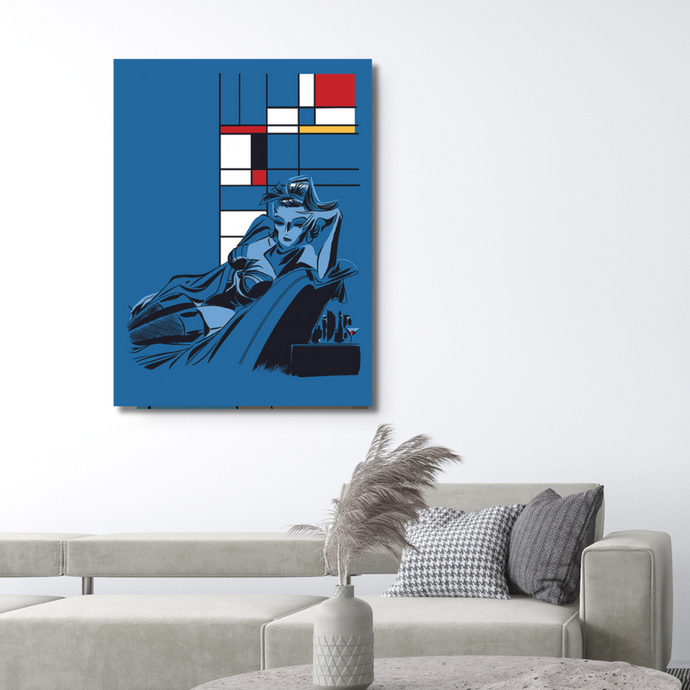 Ambientazione quadro Serigrafia 'Thinking of You' di Antonio Lapone, con figura in blu che riflette tra note di jazz e design moderno.