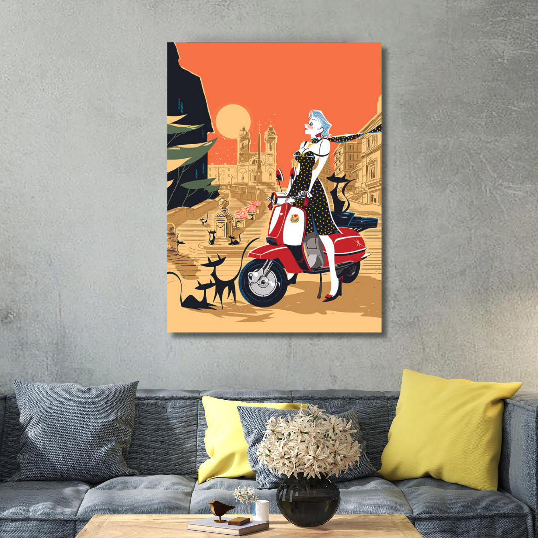 Ambientazione quadro d'Arte Serigrafia esclusiva 'Roma in Vespa' di Antonio Lapone, con elegante figura su scooter classico e sfondo di monumenti romani.