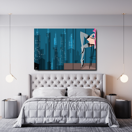 Ambientazione quadro Illustrazione stilizzata di "Up-Town Girl" con una donna elegante che domina lo skyline urbano notturno, opera di Antonio Lapone.