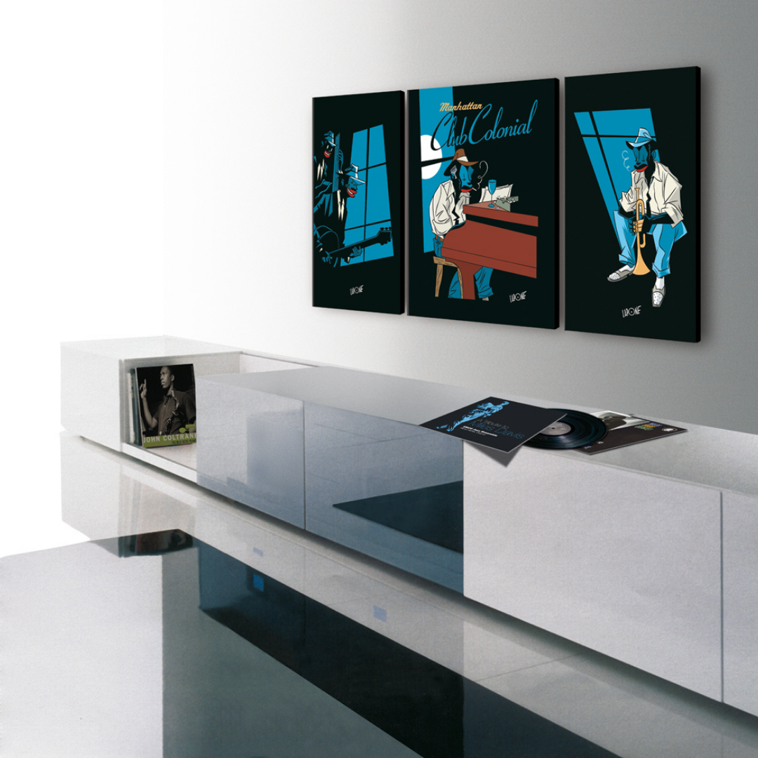 Ambientazione di Serie di quadri esclusivi di Antonio Lapone, omaggio visivo al jazz, perfetti per interni sofisticati e moderni.
