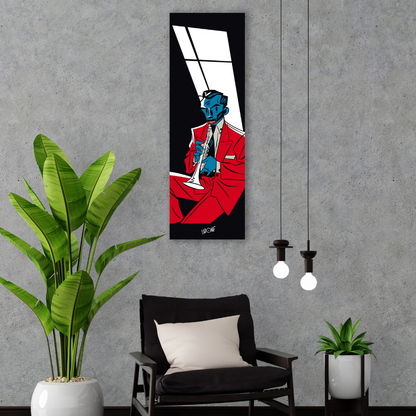 Ambientazione quadro a colori Opera d'arte 'Trombettista in Blu' di Antonio Lapone, rappresentazione stilizzata di un musicista jazz, perfetta per amanti dell'arte moderna e musica.