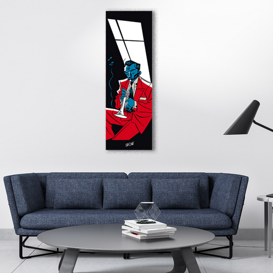 Ambientazione quadro di Un musicista stilizzato in primo piano che suona la tromba, immerso nel ritmo del jazz in "Jazz Singing" di Antonio Lapone, dominato da tonalità di blu e rosso.