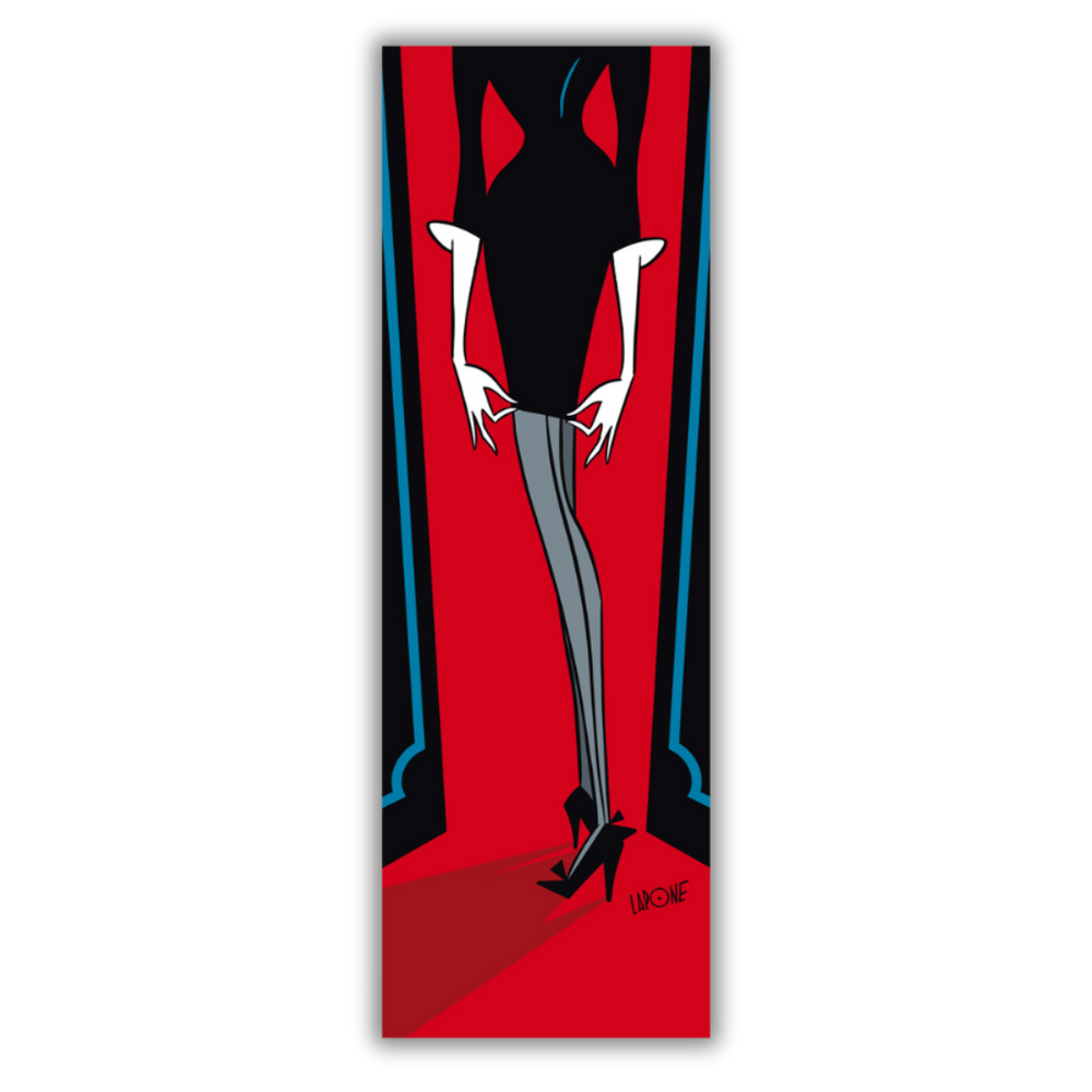 Quadro di Una donna stilizzata in nero, definita dalla sua elegante silhouette e tacchi alti, in "Femme Fatale" di Antonio Lapone, evoca mistero e fascino.