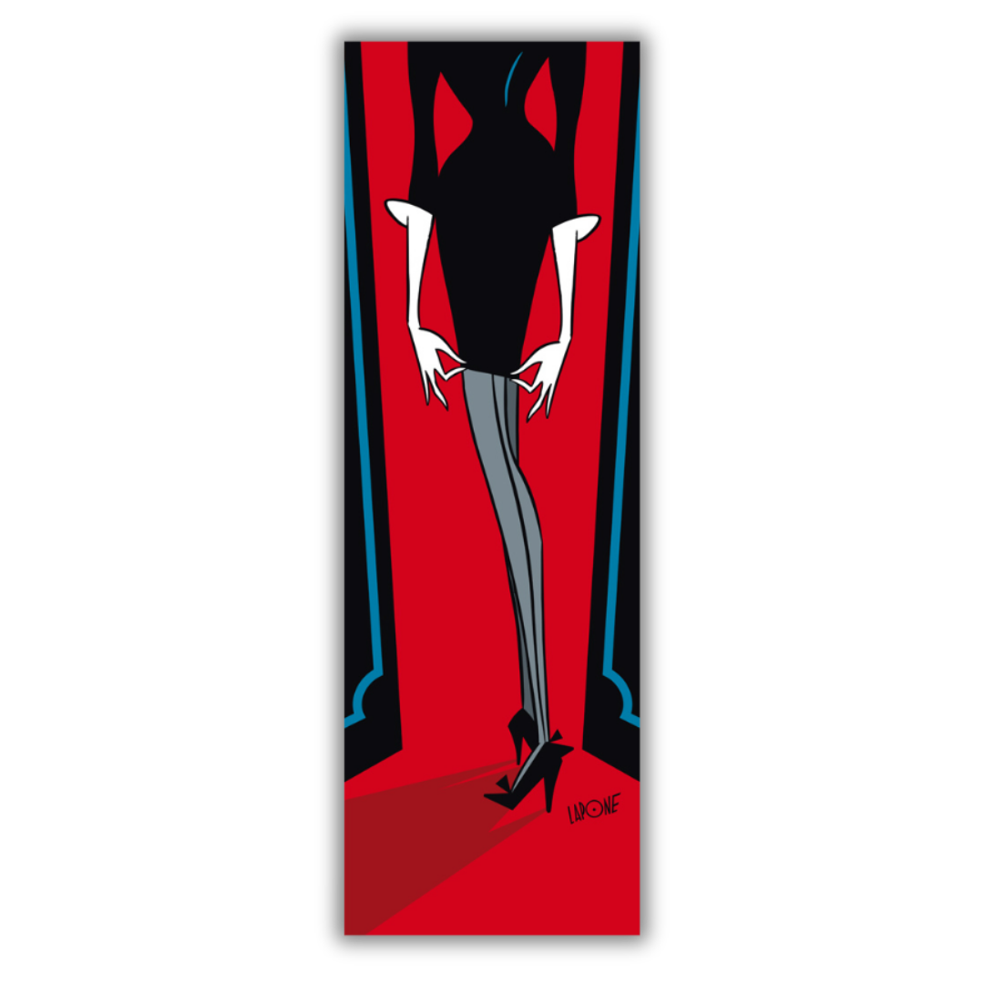 Quadro di Una donna stilizzata in nero, definita dalla sua elegante silhouette e tacchi alti, in "Femme Fatale" di Antonio Lapone, evoca mistero e fascino.