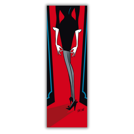 Quadro di Una donna stilizzata in nero, definita dalla sua elegante silhouette e tacchi alti, in "Femme Fatale" di Antonio Lapone, evoca mistero e fascino.