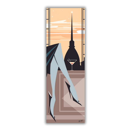 Quadro "Sunset in Turin City" di Antonio Lapone, raffigura le gambe eleganti di una donna affacciate su un cocktail e lo skyline di Torino al tramonto.