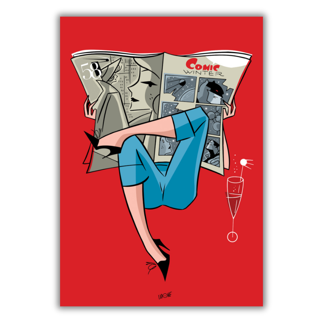 Quadro Donna elegante in blu legge un fumetto su sfondo rosso nell'arte di Antonio Lapone, 'Comic Break'.