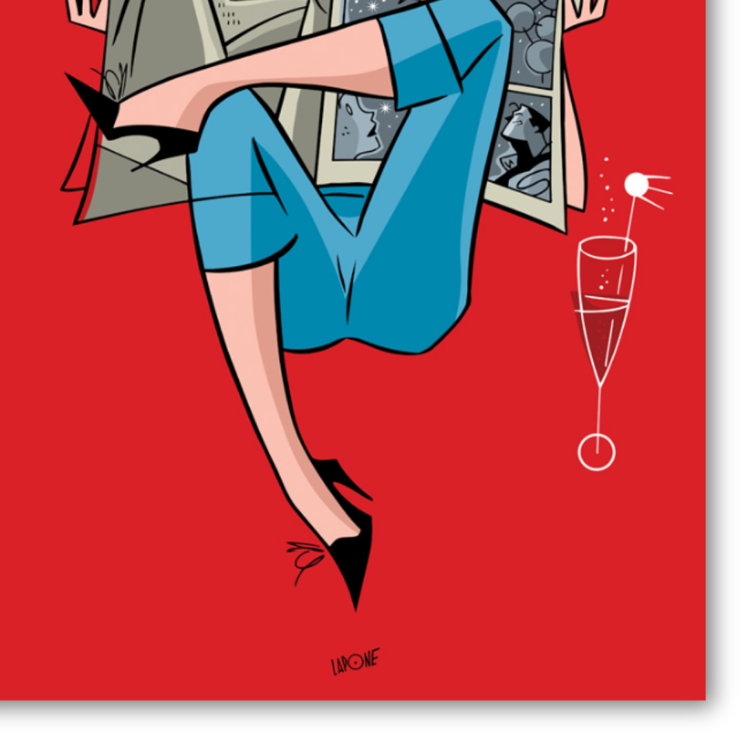 Dettaglio quadro Donna elegante in blu legge un fumetto su sfondo rosso nell'arte di Antonio Lapone, 'Comic Break'.