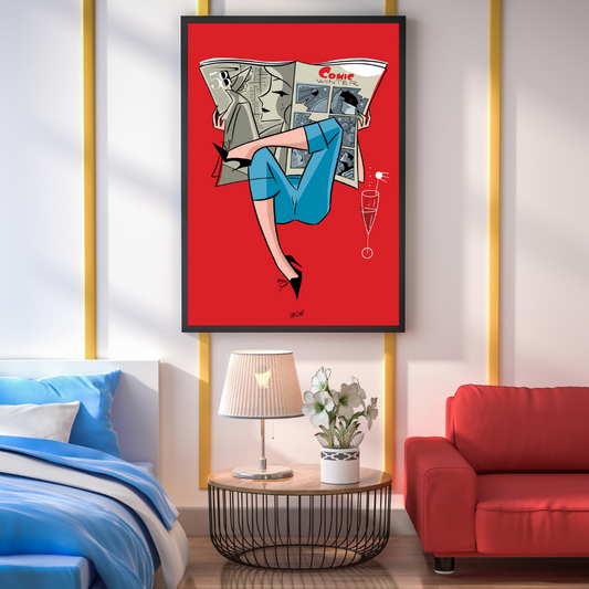 Ambientazione quadro Donna elegante in blu legge un fumetto su sfondo rosso nell'arte di Antonio Lapone, 'Comic Break'.