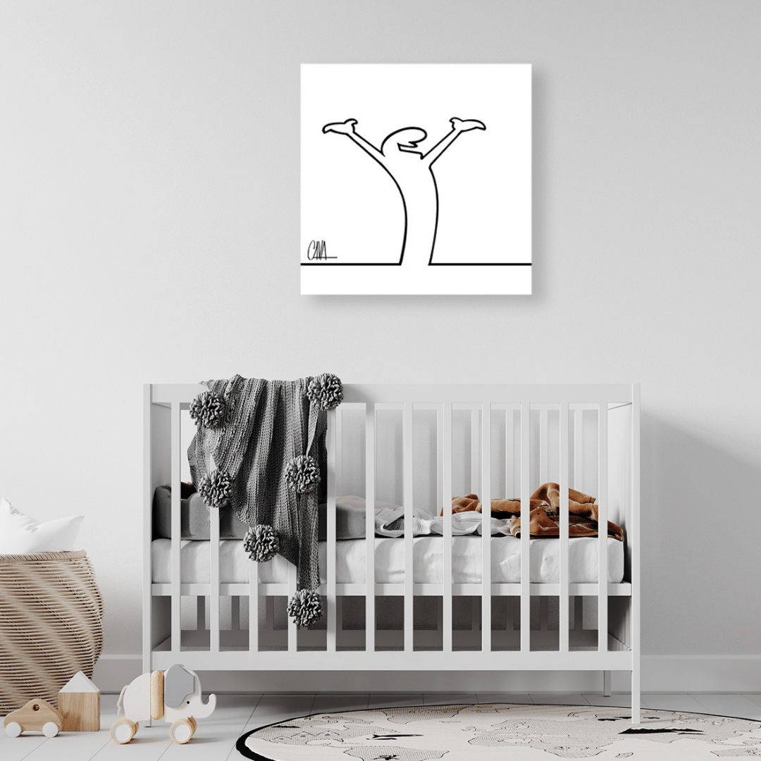 Ambientazione di MrLINEA con le braccia alzate in segno di gioia ed esultanza, opera di Osvaldo Cavandoli.