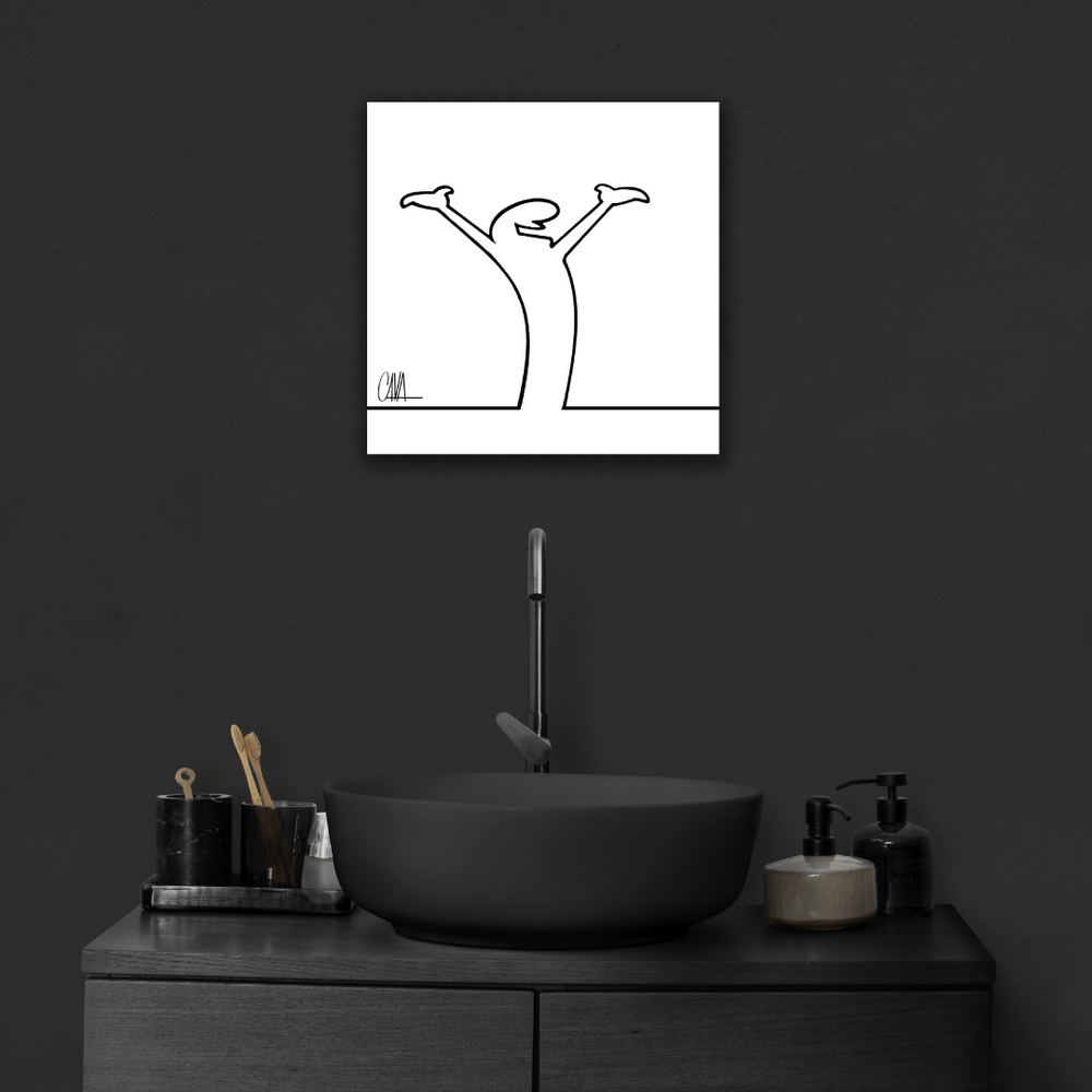 Ambientazione Opera di MrLINEA con le braccia alzate in segno di gioia ed esultanza, opera di Osvaldo Cavandoli.