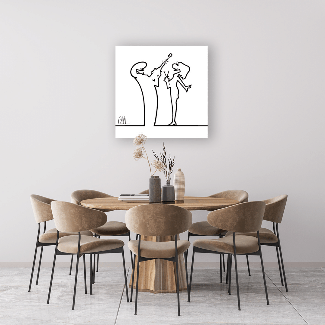 Ambientazione Illustrazione 'MrLINEA, brindiamo? Cin Cin!' di Osvaldo Cavandoli, con figure che alzano i calici in un brindisi festoso.