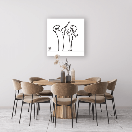 Ambientazione Illustrazione 'MrLINEA, brindiamo? Cin Cin!' di Osvaldo Cavandoli, con figure che alzano i calici in un brindisi festoso.