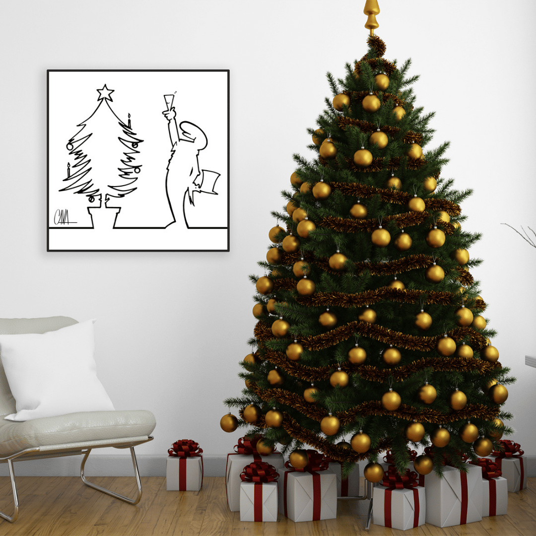 MrLINEA in festa con 'Happy Christmas!' di Cavandoli, un brindisi alla gioia natalizia su uno sfondo di stile minimalista.