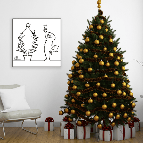 MrLINEA in festa con 'Happy Christmas!' di Cavandoli, un brindisi alla gioia natalizia su uno sfondo di stile minimalista.