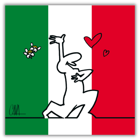 Quadro Opera di Osvaldo Cavandoli con MrLINEA che danza con gioia circondato da api e cuori, rappresentando una dedica d'amore.