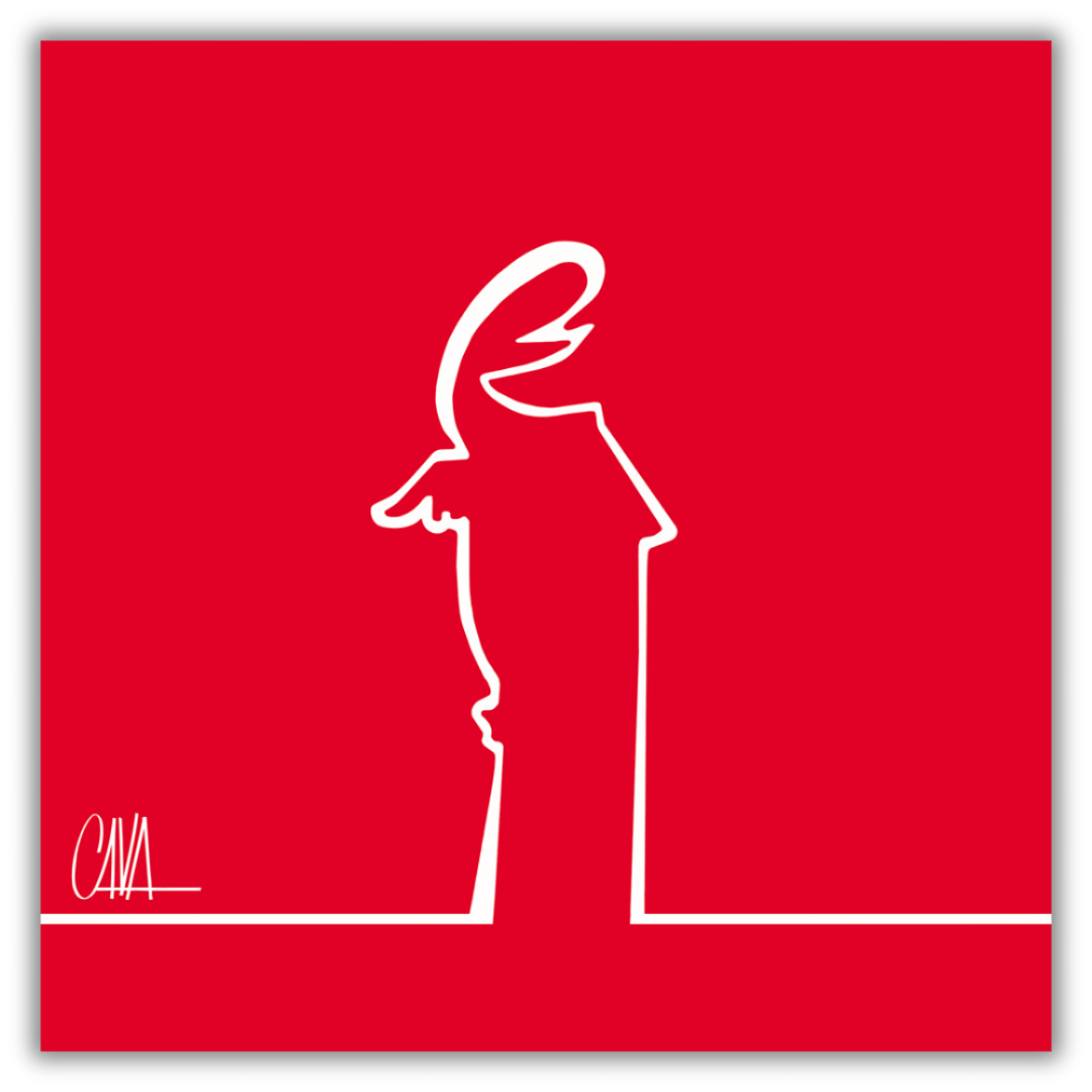 Arte minimalista MrLINEA su sfondo rosso