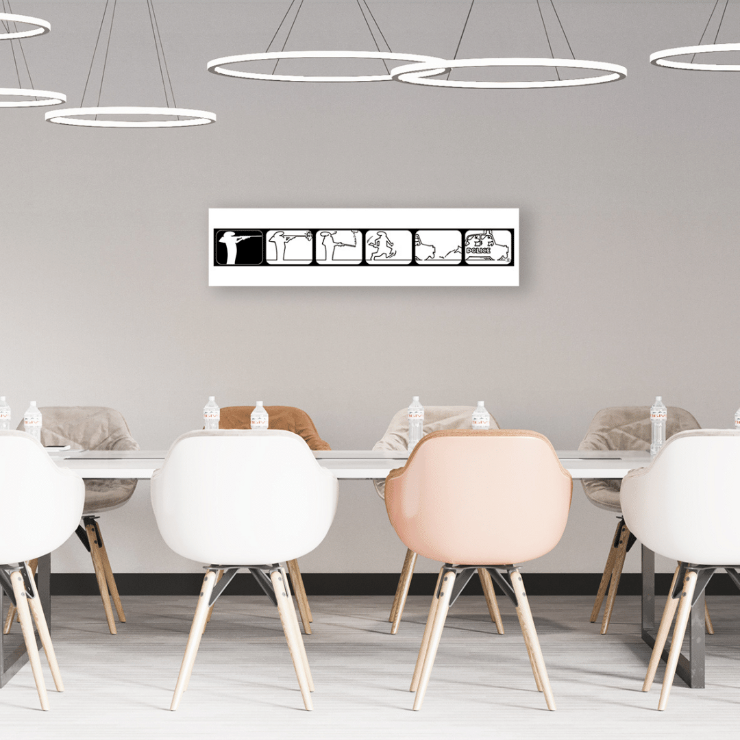 Arte serigrafica MrLINEA Shoot! di Cavandoli in sala riunioni