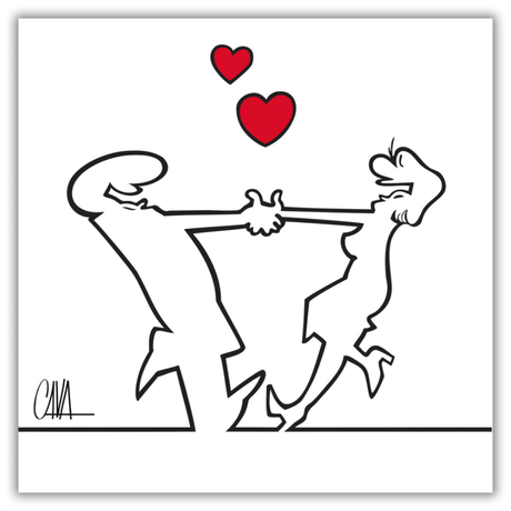 Quadro dell'Illustrazione 'MrLINEA, balliamo?' di Osvaldo Cavandoli, raffigurante un personaggio stilizzato che danza con un cuore.