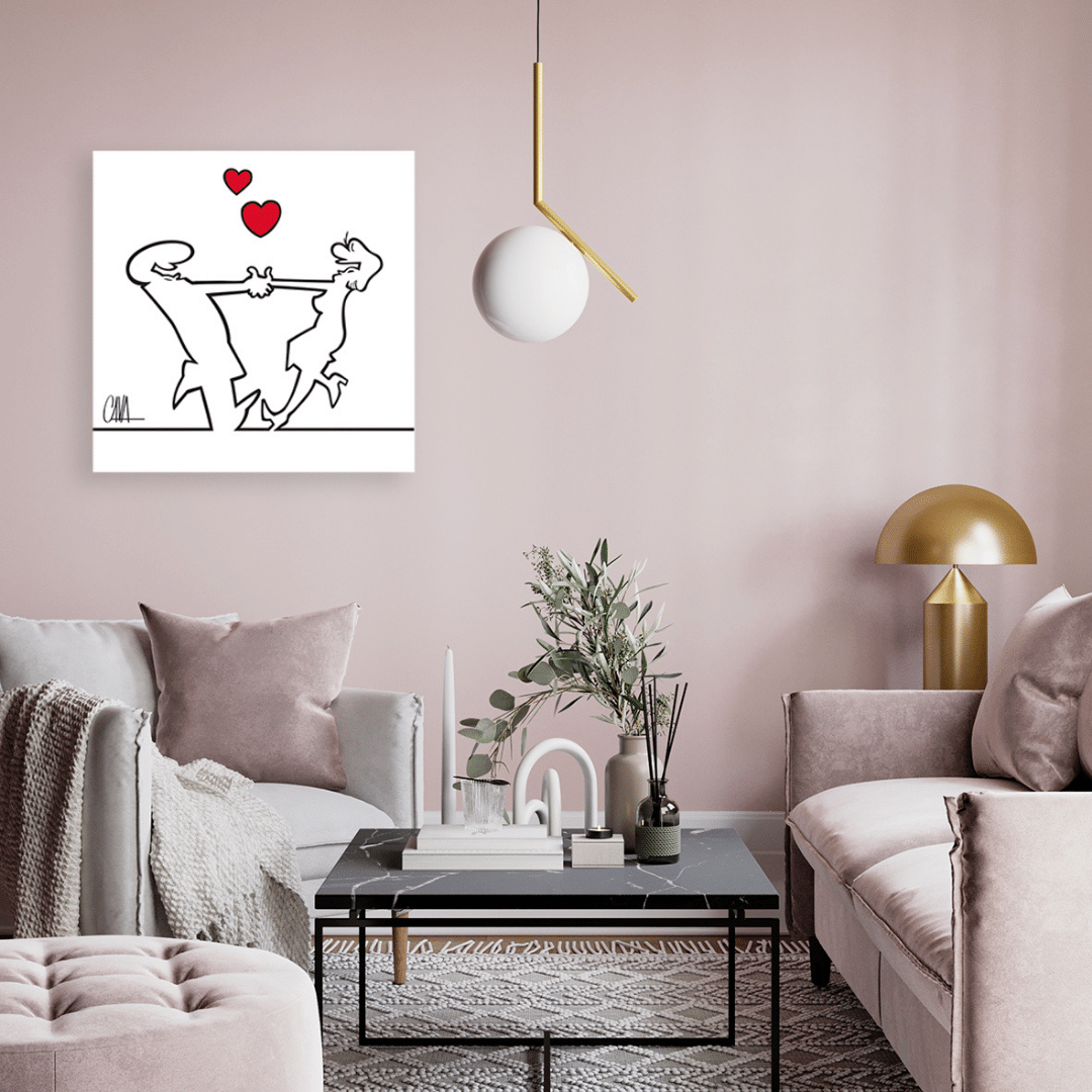 Ambientazione dell'Illustrazione 'MrLINEA, balliamo?' di Osvaldo Cavandoli, raffigurante un personaggio stilizzato che danza con un cuore.