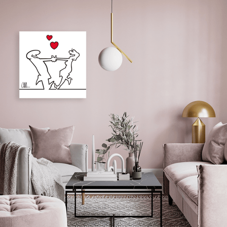 Ambientazione dell'Illustrazione 'MrLINEA, balliamo?' di Osvaldo Cavandoli, raffigurante un personaggio stilizzato che danza con un cuore.