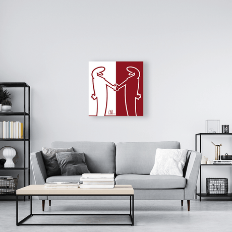 Tela 'MrLINEA, Forza granata!' di Osvaldo Cavandoli, che celebra il tifo e l'unione nel calcio.