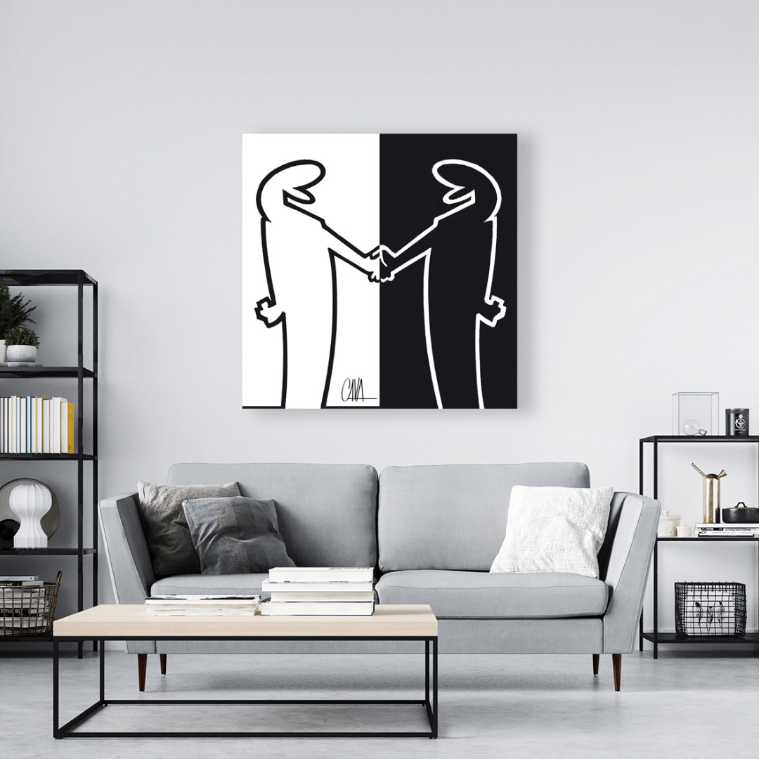 Tela 'MrLINEA, Forza bianconeri!' di Osvaldo Cavandoli, omaggio artistico al leggendario club Juventus FC.