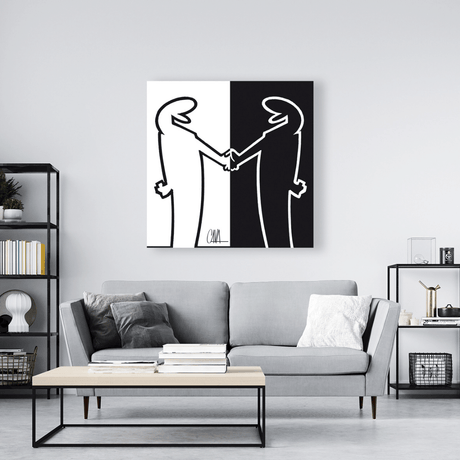 Tela 'MrLINEA, Forza bianconeri!' di Osvaldo Cavandoli, omaggio artistico al leggendario club Juventus FC.