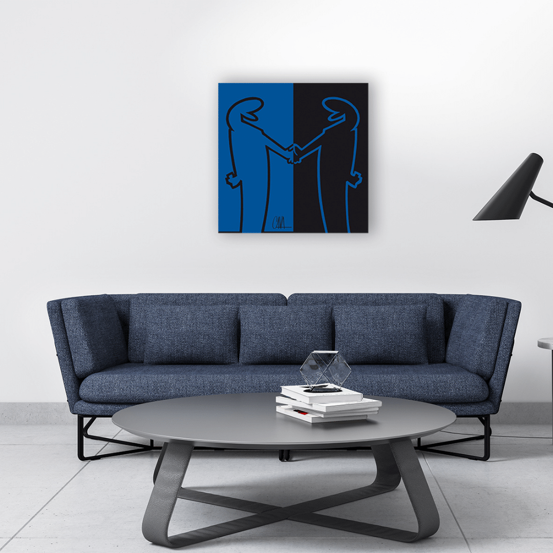 Opera 'MrLINEA, Forza neroazzurri!' di Cavandoli, rappresentazione artistica dell'unione e dello spirito calcistico.