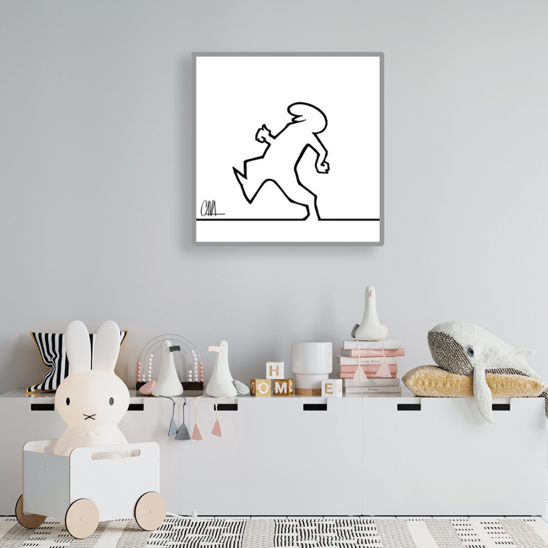 Ambientazione 'MrLINEA walking left', la rappresentazione artistica del movimento e del minimalismo firmata Cavandoli, per un tocco di classe.