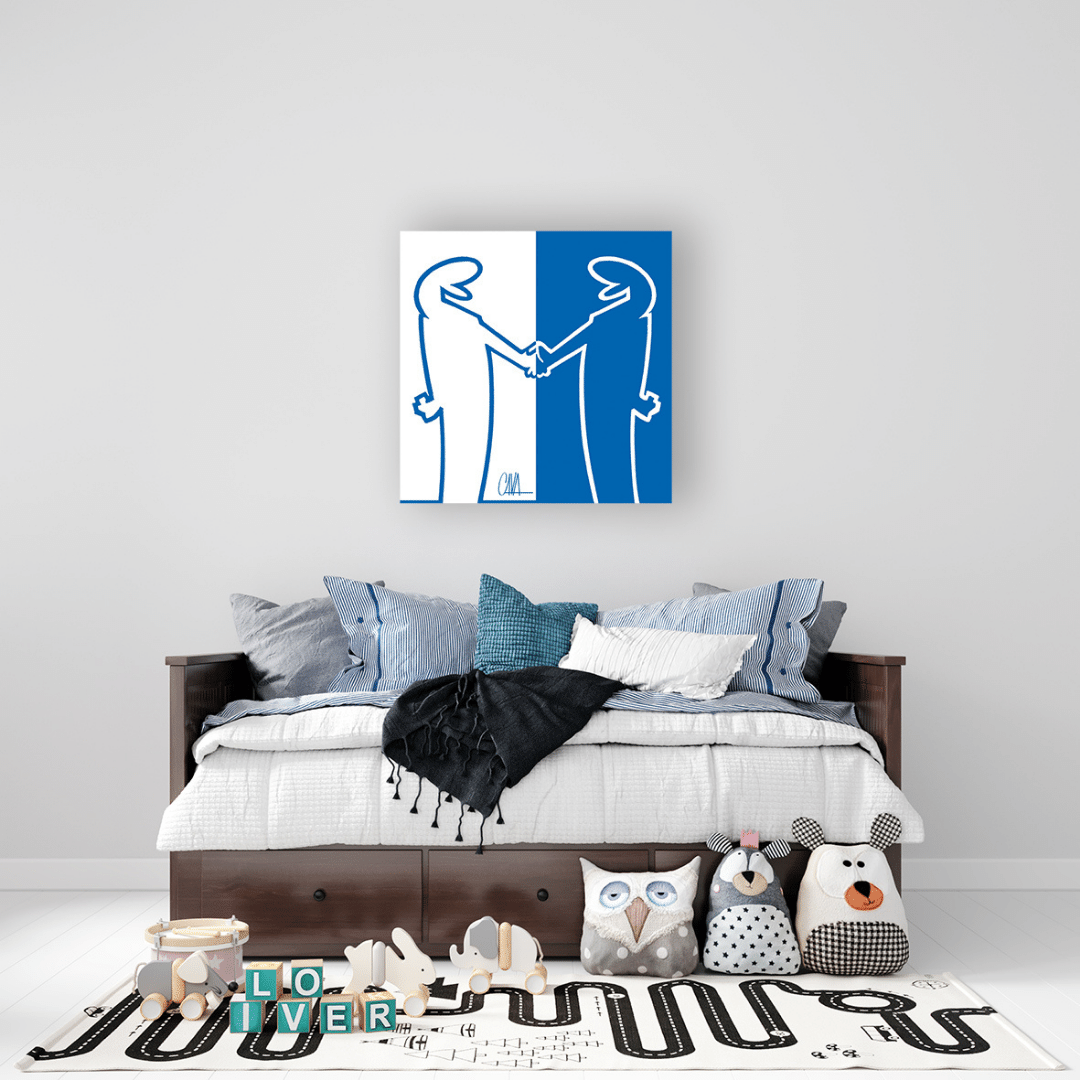 Arte 'MrLINEA, Forza azzurri!' di Cavandoli, con MrLINEA in bianco e blu che stringe la mano, esprimendo supporto sportivo.