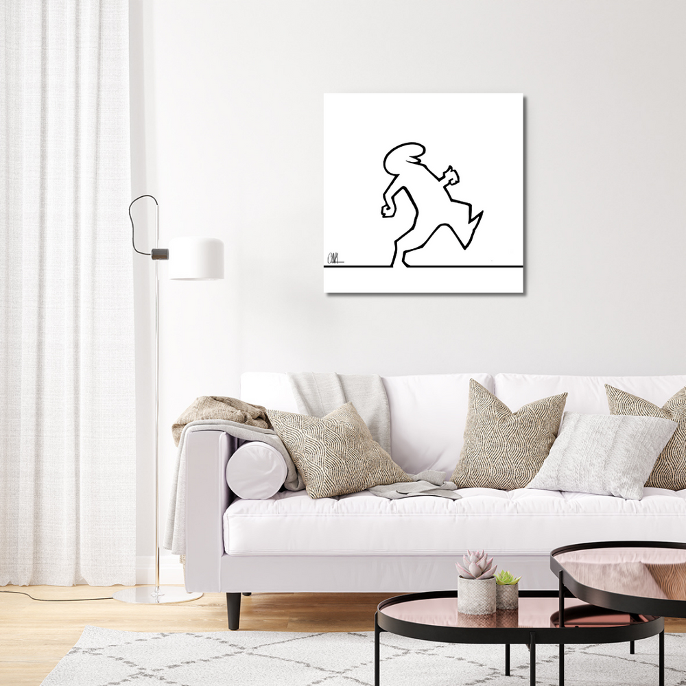 Ambientazione Illustrazione minimalista in bianco e nero di Mr. Linea camminando verso destra su sfondo bianco, con firma dell'artista Osvaldo Cavandoli.