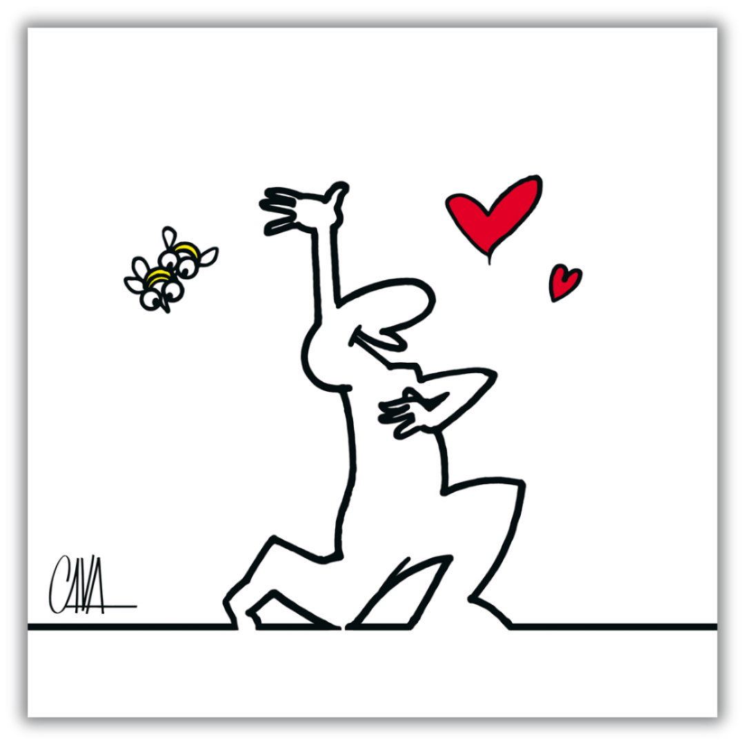 Quadro di Osvaldo Cavandoli con MrLINEA che danza con gioia circondato da api e cuori, rappresentando una dedica d'amore.