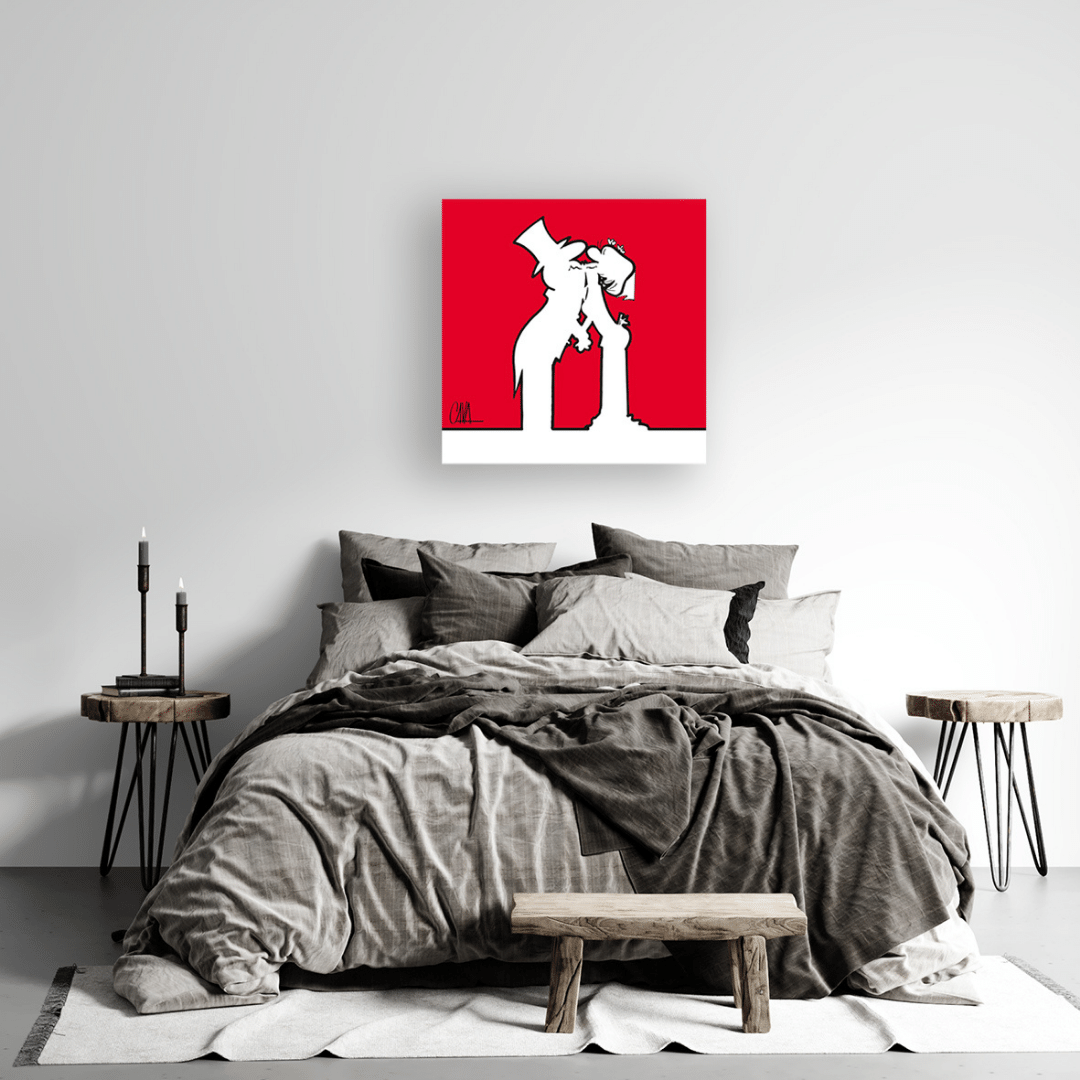 Ambientazione dell'Icona artistica 'MrLINEA Just Married' di Cavandoli, con figure stilizzate su sfondo rosso che celebrano il matrimonio.