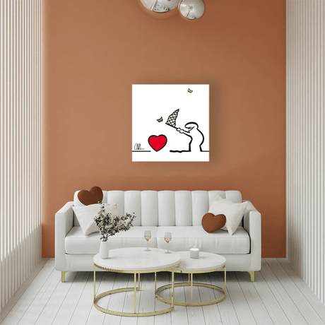 Ambientazione di MrLINEA con una rete e un grande cuore rosso in 'caccia al cuore', arte minimalista e simbolica di Cavandoli.