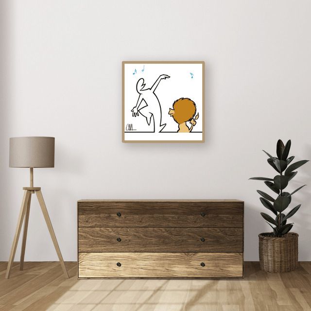 Ambientazione di Illustrazione in stile minimalista "MrLINEA e il leone" di Osvaldo Cavandoli, con MrLINEA che danza davanti a un leone sorridente su uno sfondo blu.