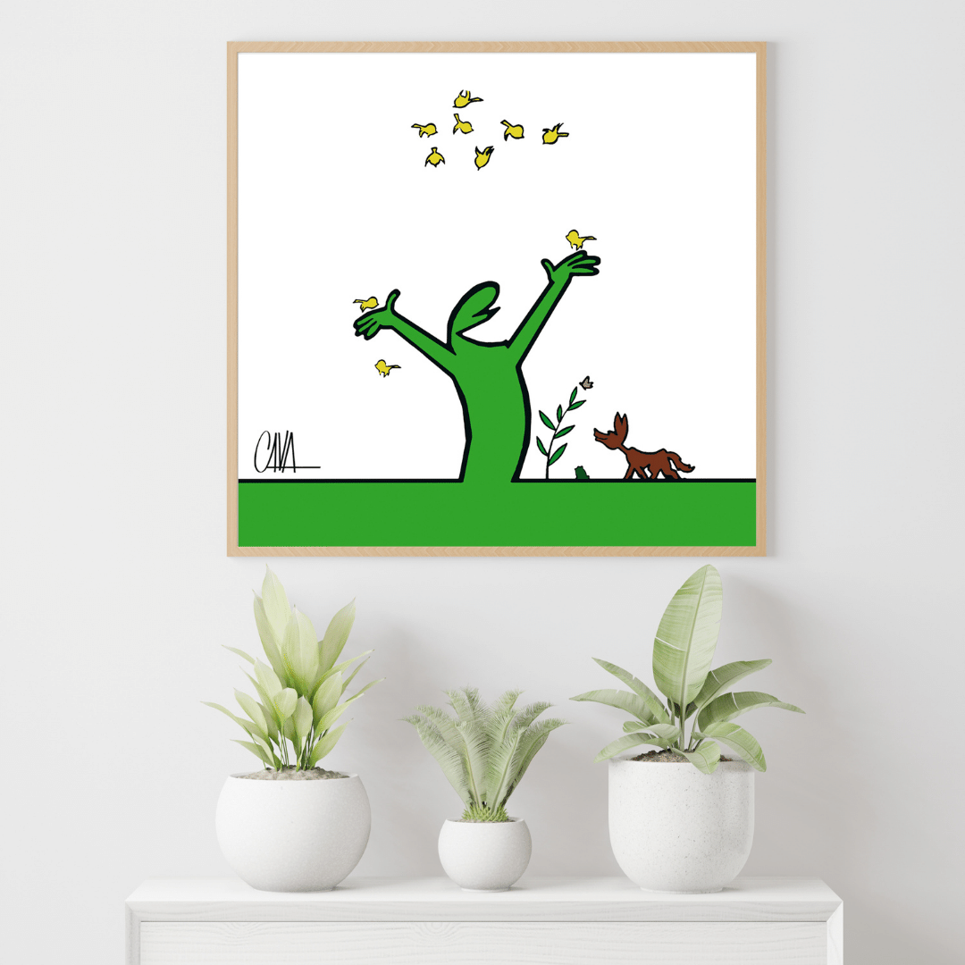 Ambientazione di Opera d'arte 'MrLINEA w la primavera!' di Osvaldo Cavandoli, ritraente MrLINEA che celebra la primavera con uccelli e natura rigogliosa.