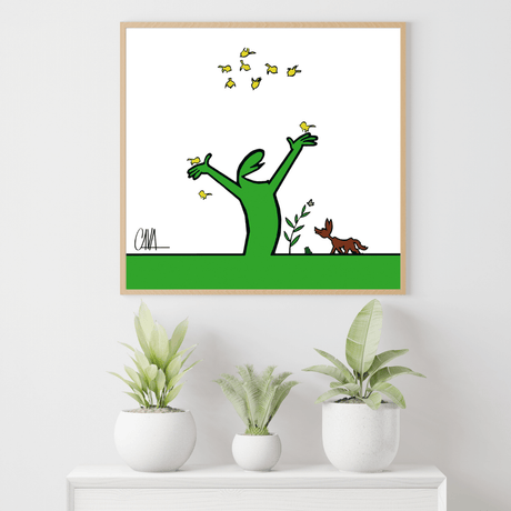 Ambientazione di Opera d'arte 'MrLINEA w la primavera!' di Osvaldo Cavandoli, ritraente MrLINEA che celebra la primavera con uccelli e natura rigogliosa.