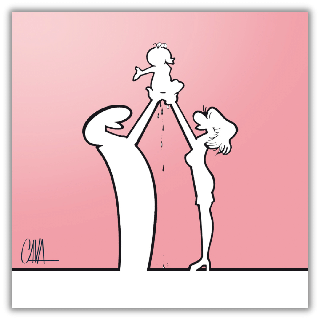 Quadro di Illustrazione artistica "MrLINEA Baby rosa", raffigurante un bambino tra due figure su sfondo rosa, creata dall'artista Osvaldo Cavandoli.