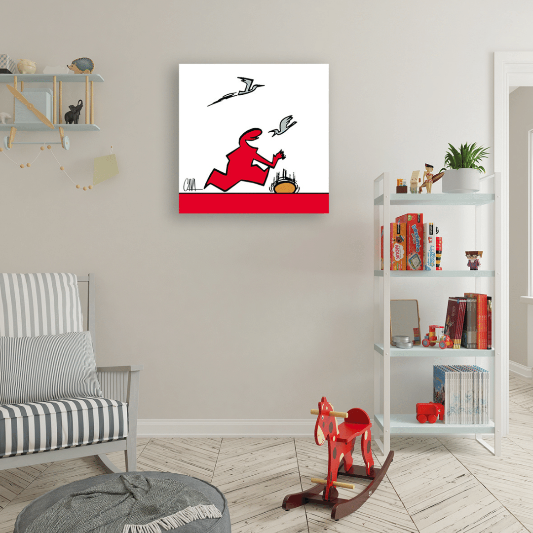 Ambientazione del dinamico 'MrLINEA Palleggio' di Osvaldo Cavandoli, catturando il movimento giocoso in uno stile artistico minimale ed espressivo.