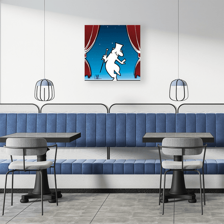 Ambientazione Quadro 'MrLINEA Cabaret' di Osvaldo Cavandoli con MrLINEA in scena, riflettori puntati e stelle brillanti sullo sfondo.