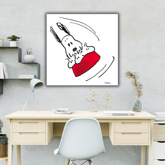 Illustrazione di "Snoopy Flying with Woodstock" che mostra Snoopy disteso sulla sua cuccia rossa mentre vola, con Woodstock che lo accompagna.