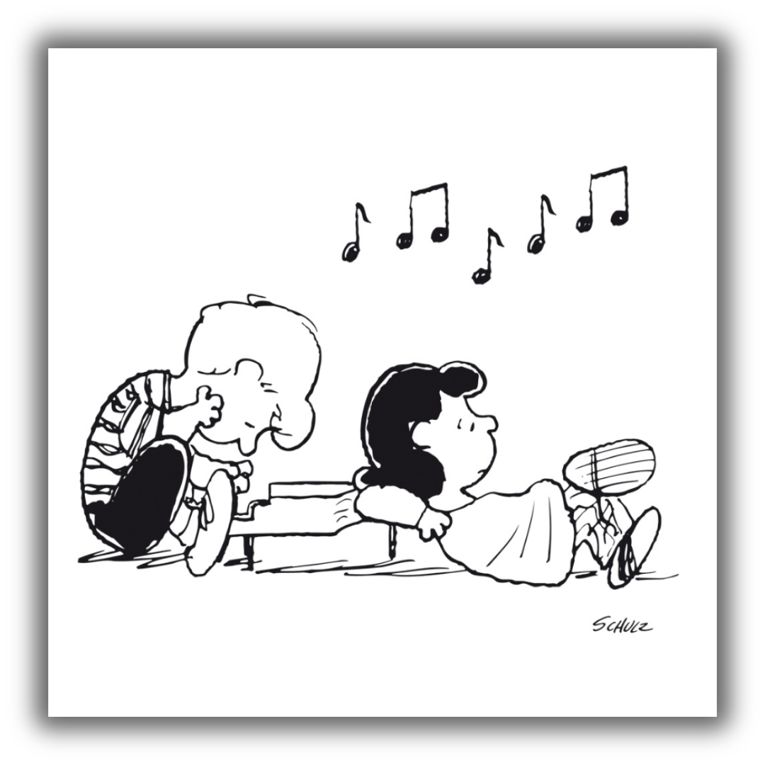 Quadro di "Schroeder, Lucy and the Piano" che mostra Lucy appoggiata amorevolmente al pianoforte su cui Schroeder suona, con note musicali nell'aria.