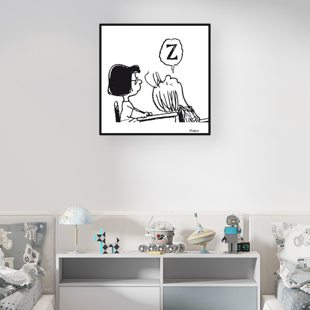 Lucy, Patty and the School ritrae Peppermint Patty addormentata al suo banco con un fumetto 'Z' a indicare il sonno, mentre Lucy la osserva.